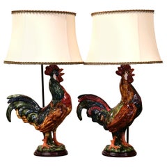 Vintage Pair of French Barbotine Ceramic Roosters Converted into Table Lamps