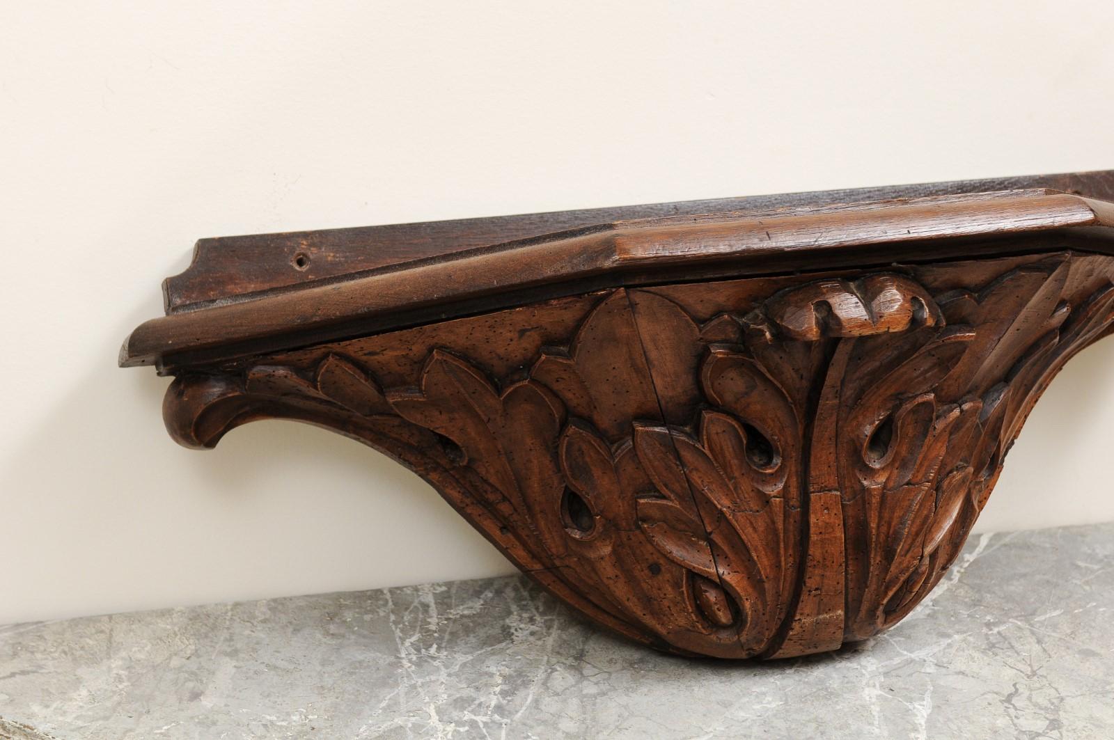 18th Century and Earlier Pair of French Baroque 17th Century Wooden Wall Brackets with Carved Foliage