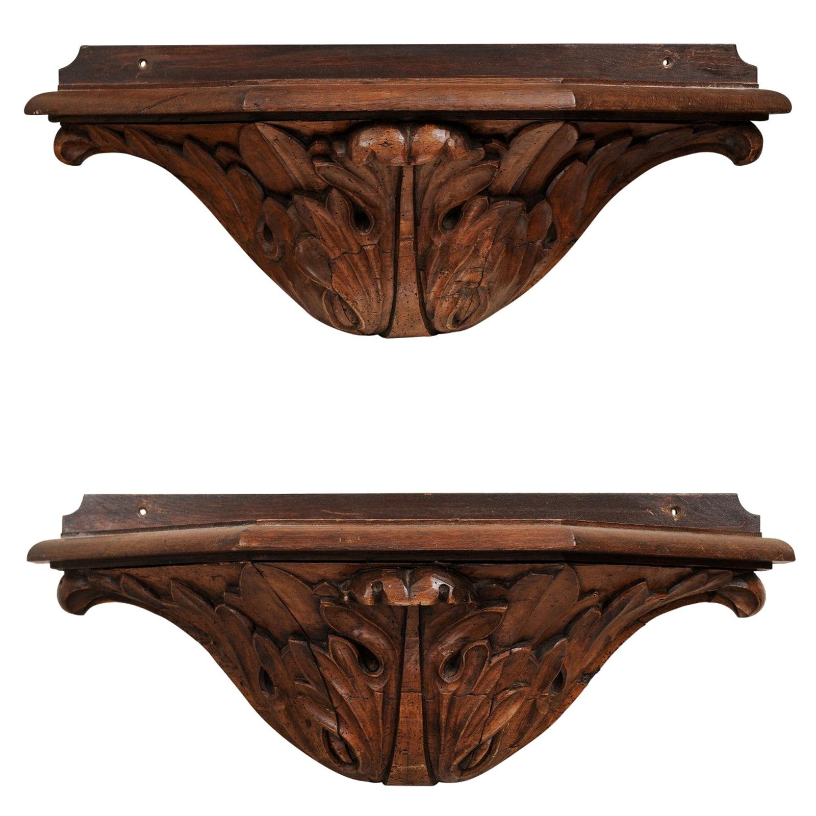 Pair of French Baroque 17th Century Wooden Wall Brackets with Carved Foliage