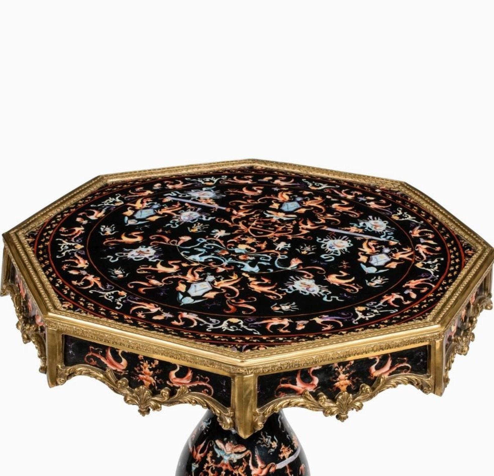 Ebonized Pair of French Baroque Gilt Bronze Mounted Porcelain Side Tables