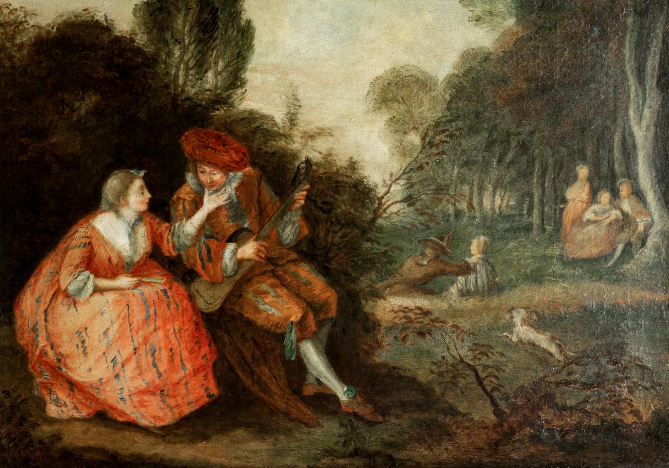 Paire de peintures à l'huile baroques françaises, d'après Jean-Antoine Watteau en vente 2