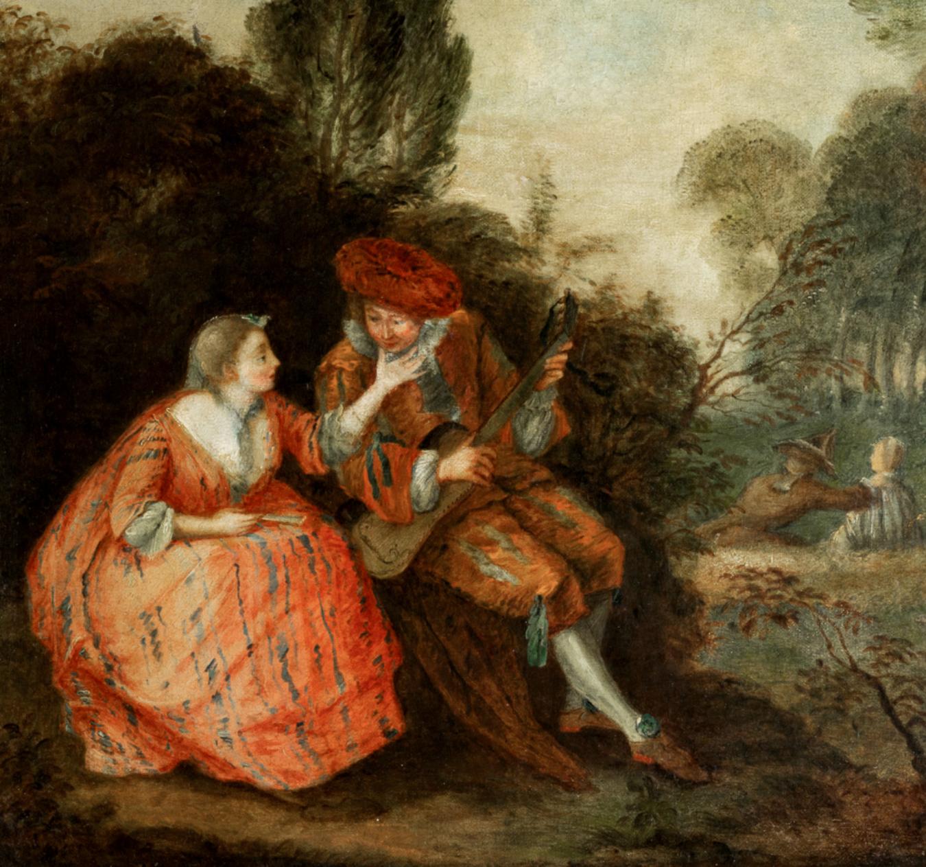 Paire de peintures à l'huile baroques françaises, d'après Jean-Antoine Watteau en vente 4