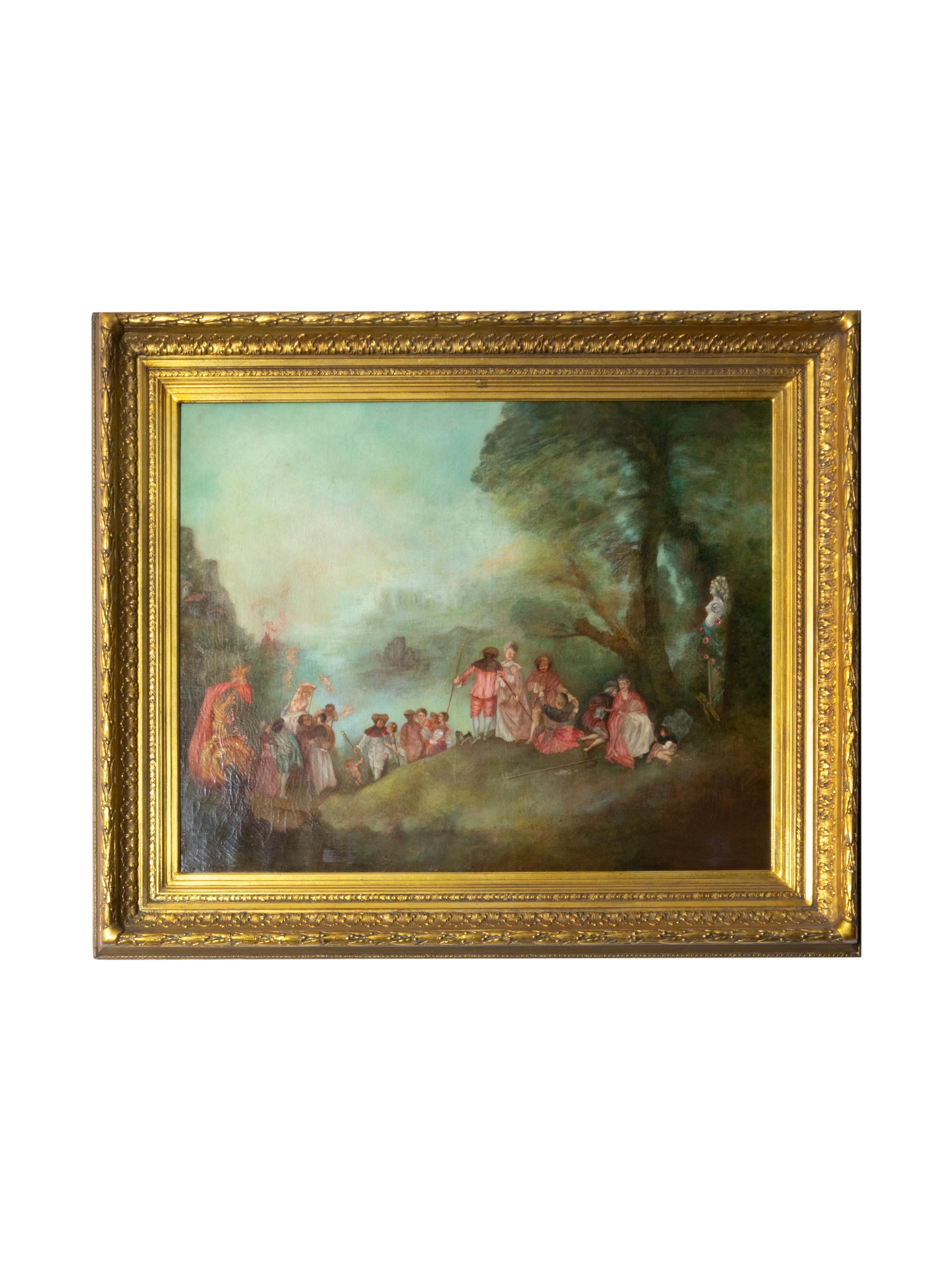 Paire de très grandes reproductions de peintures à l'huile d'Antoine Watteau :

- Très grande reproduction de peinture à l'huile d'Antoine Watteau. La toile est vieillie.
Cadre : 75,5 cm (29,72 pouces) x 66,5 cm (26,18 pouces)
Toile : 55,5 cm (21,85
