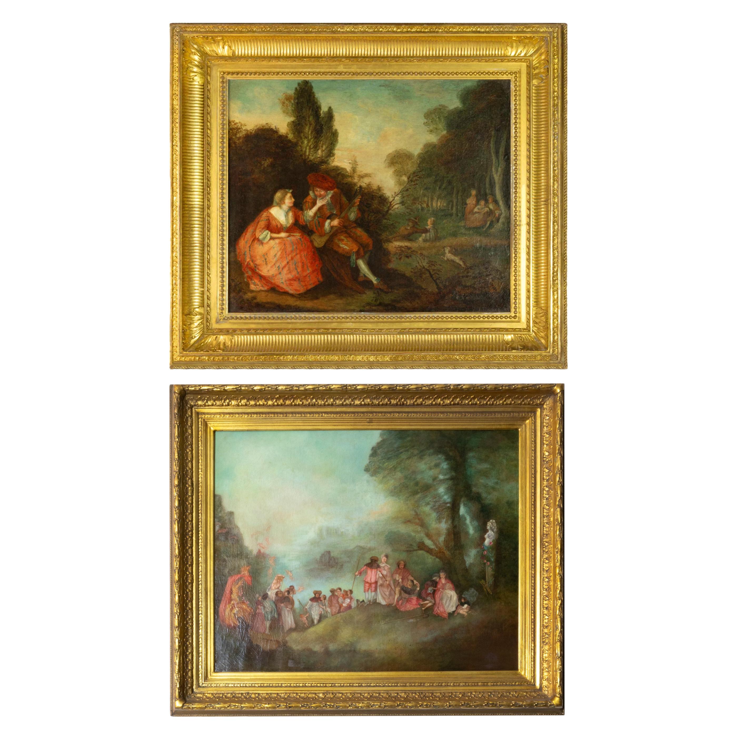Pareja de óleos barrocos franceses, según Jean-Antoine Watteau