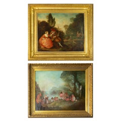Antique Pair Of French Baroque Oil Painting, After Jean Antoine Watteau