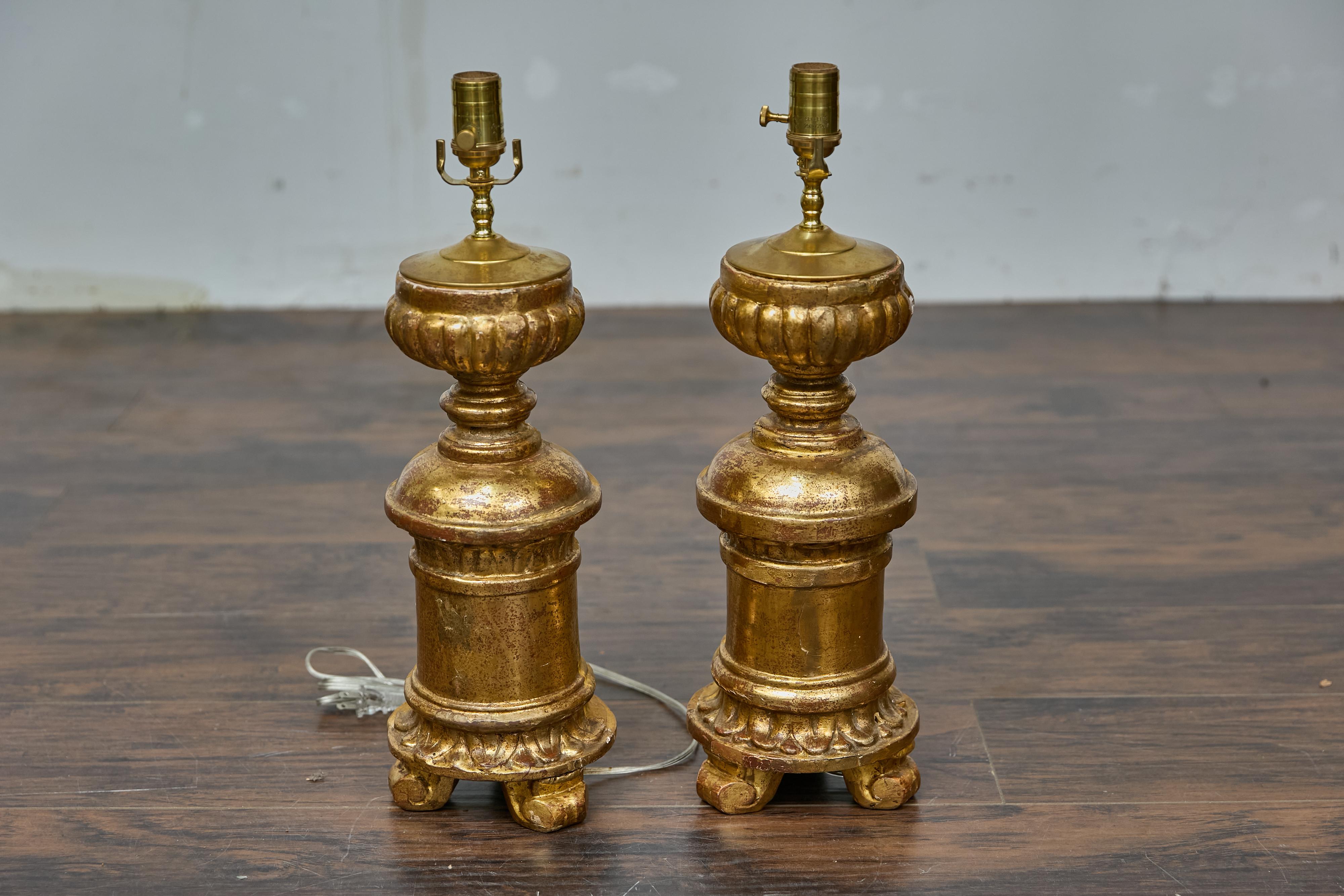 Carved Pair of French Baroque Revival 19th Century Giltwood Fragments Made into Lamps For Sale