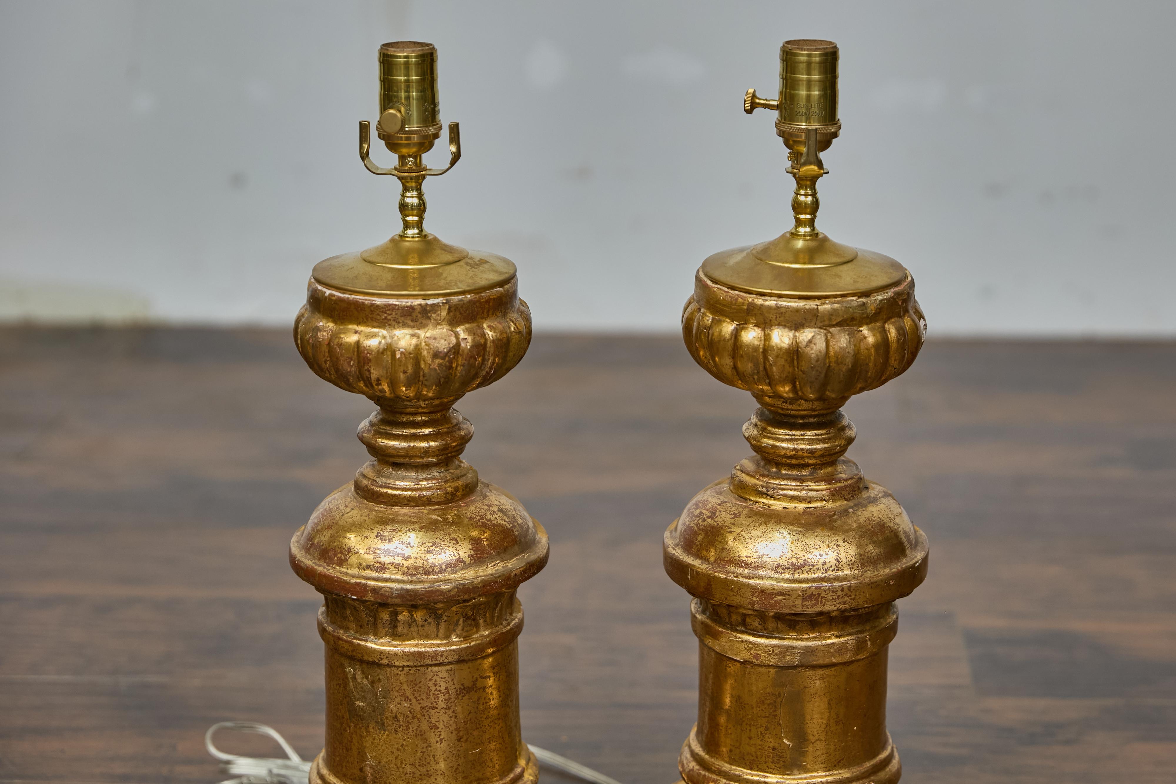Brass Pair of French Baroque Revival 19th Century Giltwood Fragments Made into Lamps For Sale