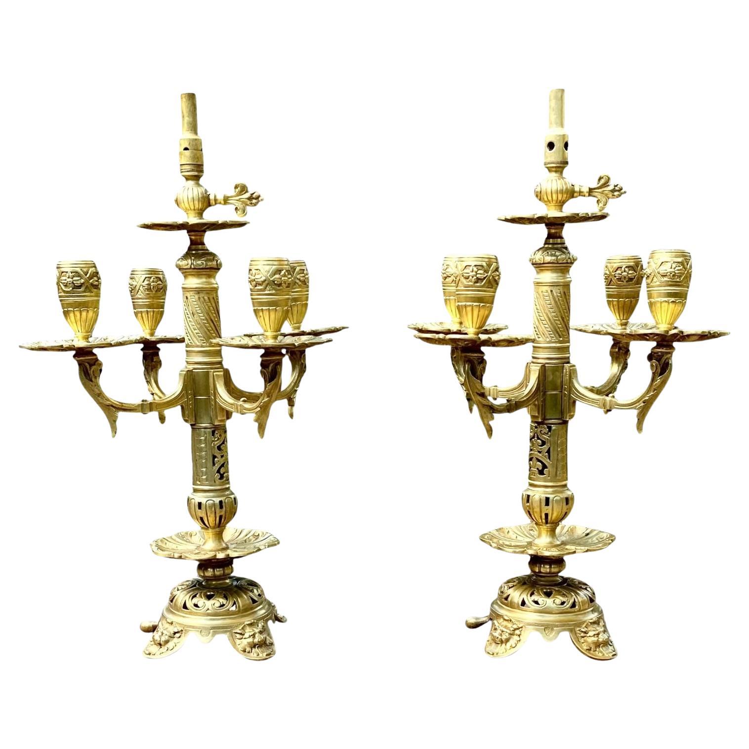 Pair Of French Baroque Revival Gilt Bronze Candelabra Cigar Lighters