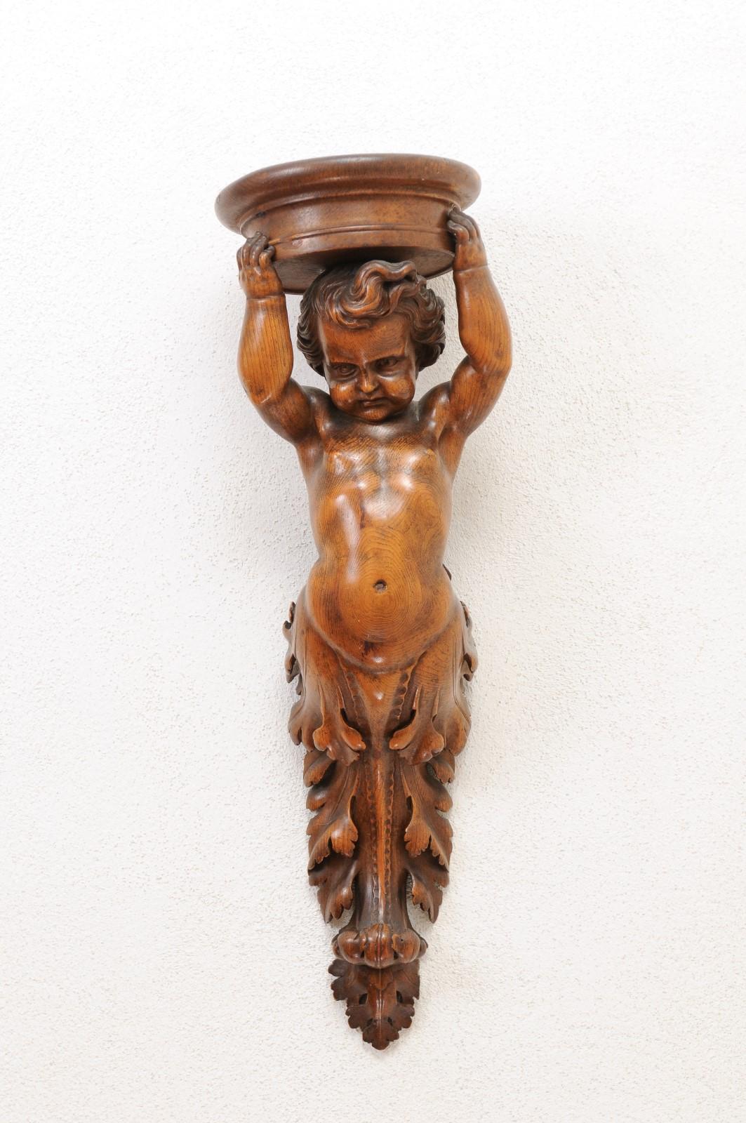 Pair of French Baroque Style 1810s Walnut Wall Sconces with Carved Putti For Sale 6