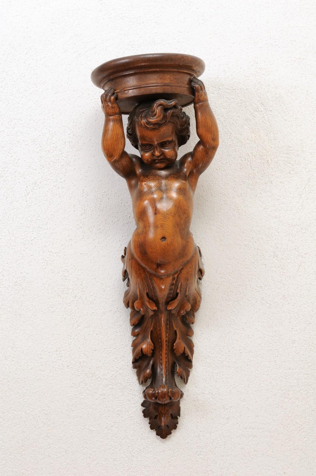 Pair of French Baroque Style 1810s Walnut Wall Sconces with Carved Putti For Sale 7