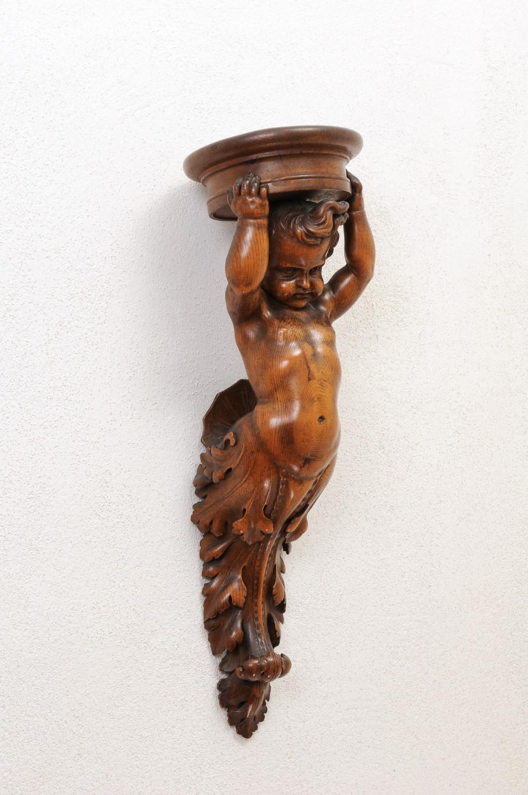 Pair of French Baroque Style 1810s Walnut Wall Sconces with Carved Putti For Sale 8