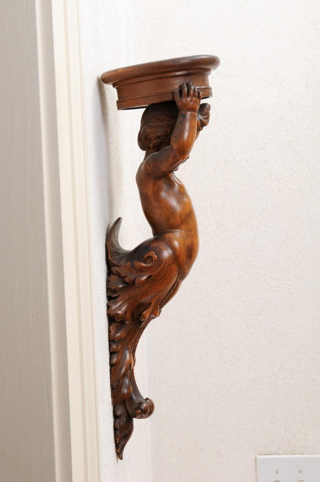 Pair of French Baroque Style 1810s Walnut Wall Sconces with Carved Putti For Sale 9