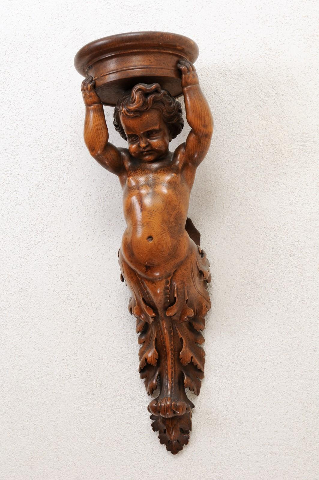 Pair of French Baroque Style 1810s Walnut Wall Sconces with Carved Putti For Sale 10