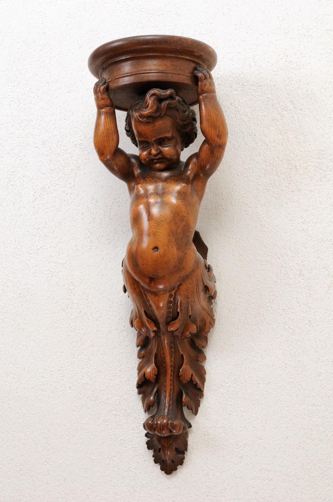 Pair of French Baroque Style 1810s Walnut Wall Sconces with Carved Putti For Sale 11