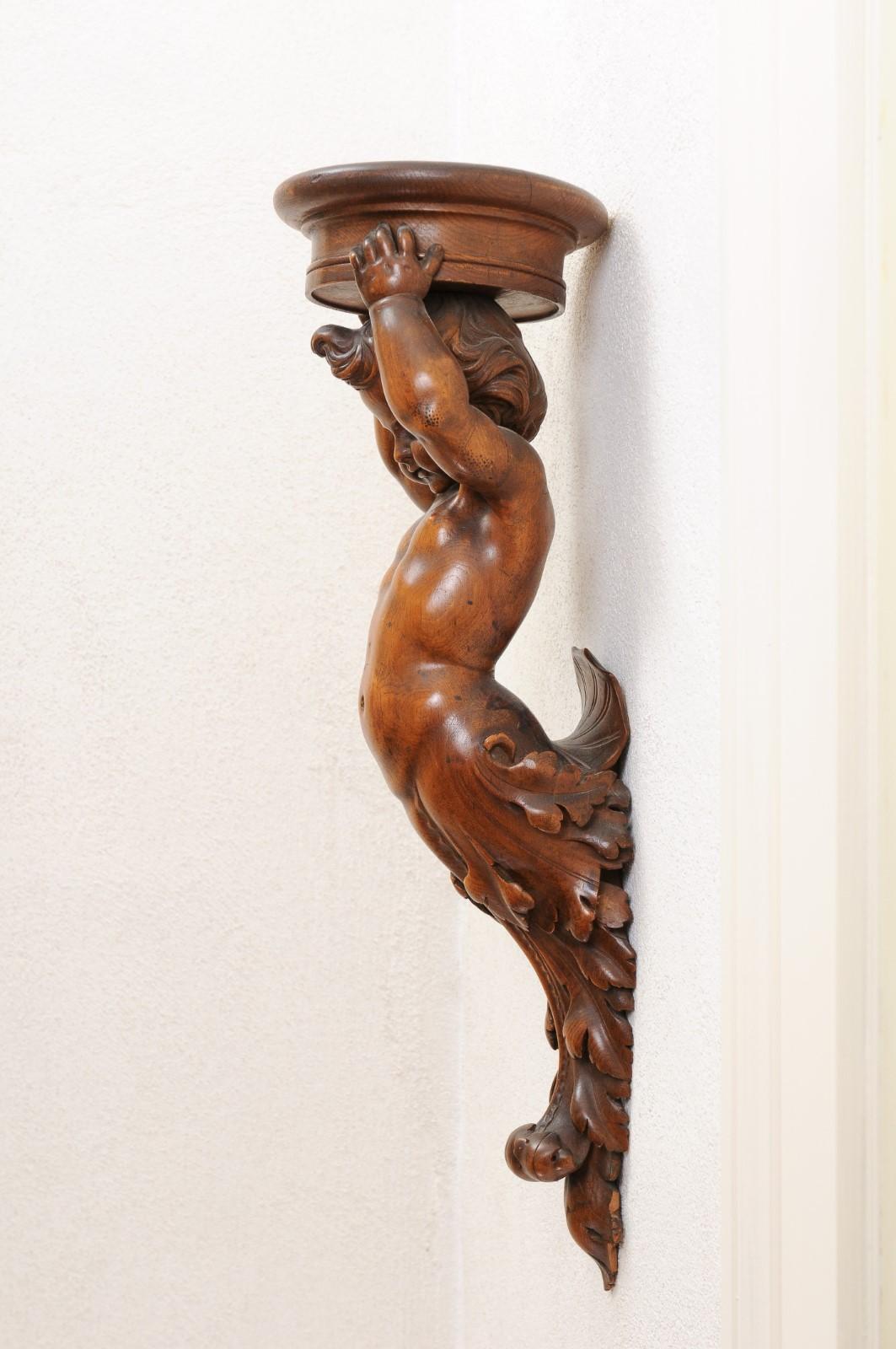 Pair of French Baroque Style 1810s Walnut Wall Sconces with Carved Putti For Sale 2