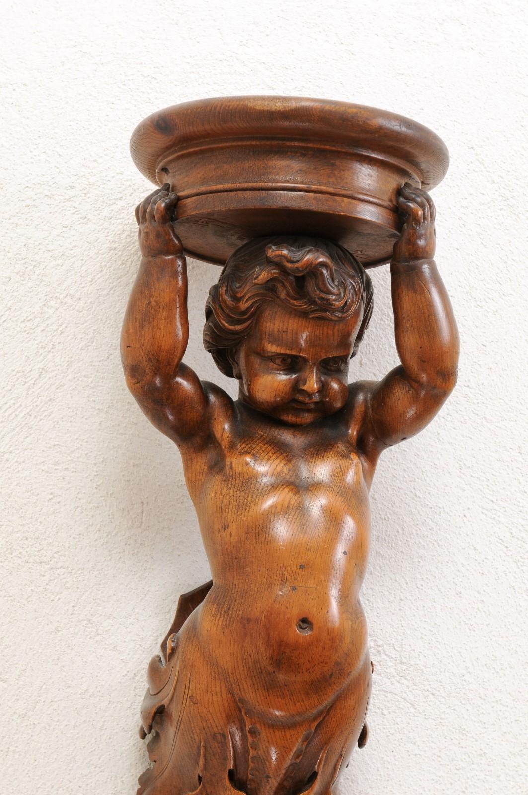 Pair of French Baroque Style 1810s Walnut Wall Sconces with Carved Putti For Sale 3