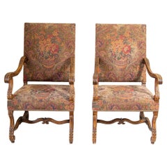 Pair of French Baroque Walnut Armchairs Provincial Fauteuils à la Reine