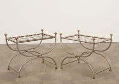 Pair of French Basket Weave Metal Stools