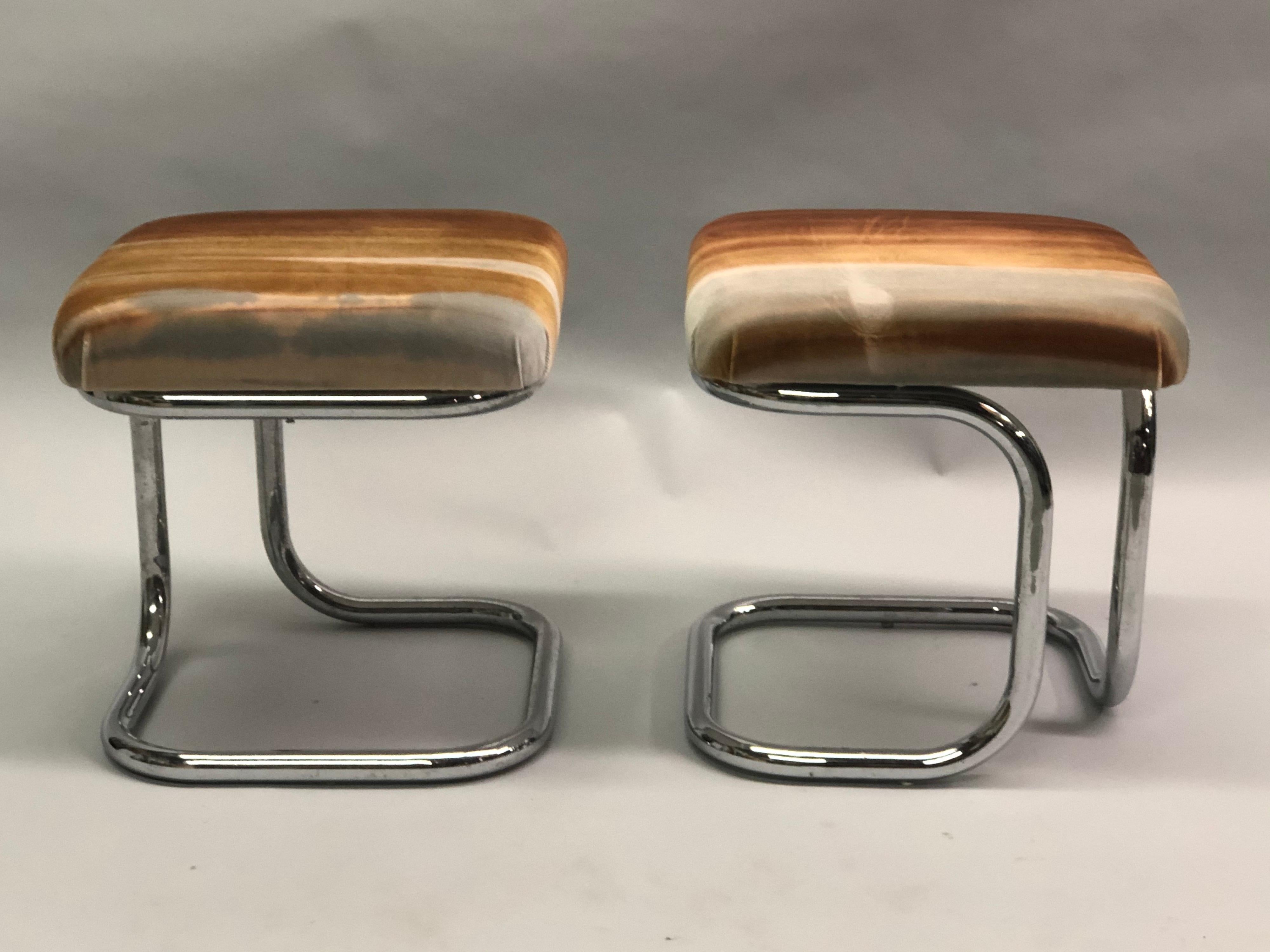 Mid-Century Modern Pair of French Modernist ‘Bauhaus’ Stools with Upholstered Seats by Hermès For Sale