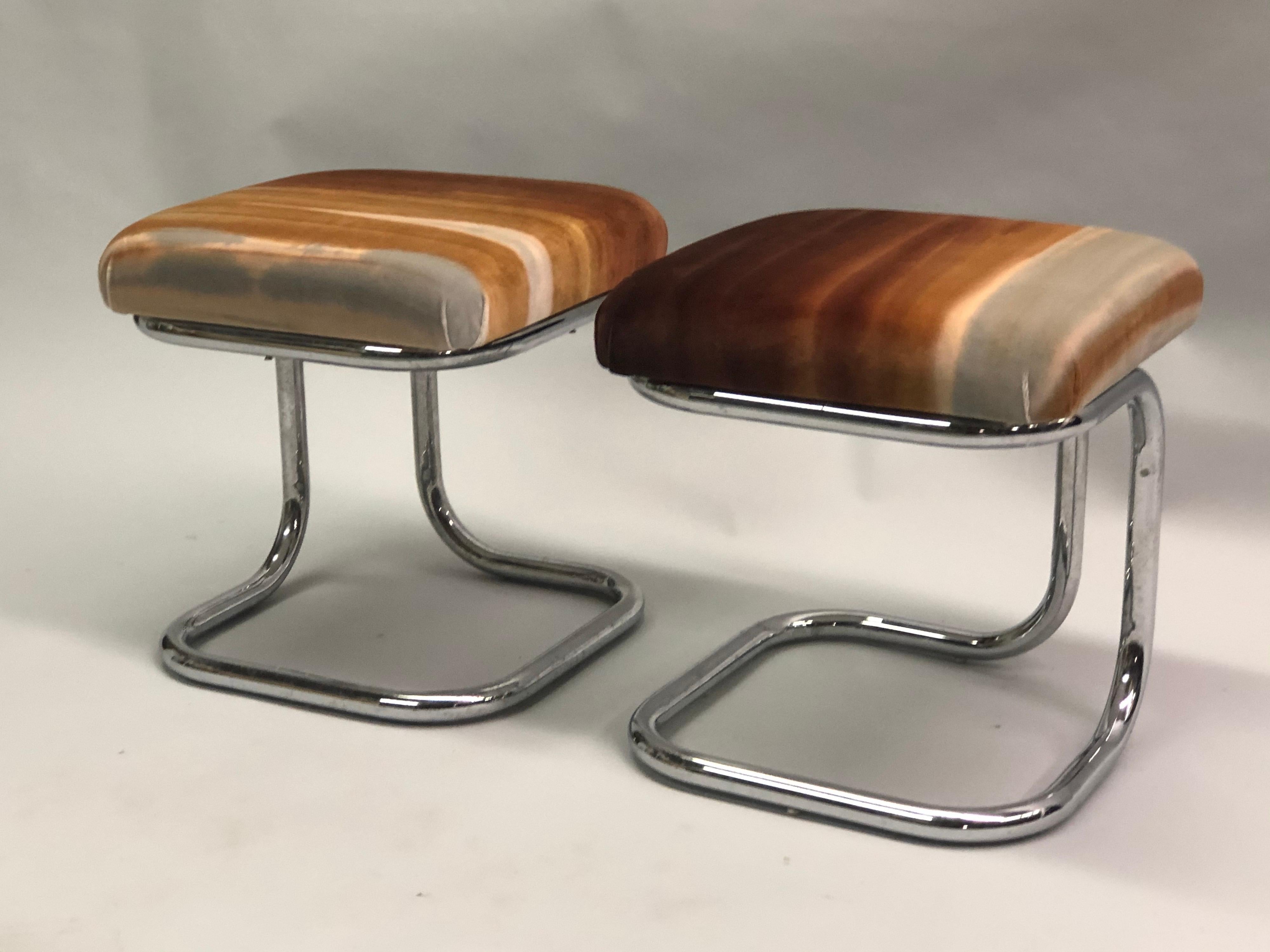 Steel Pair of French Modernist ‘Bauhaus’ Stools with Upholstered Seats by Hermès For Sale