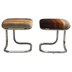 Pareja de taburetes modernistas franceses "Bauhaus" con asientos tapizados de Hermès