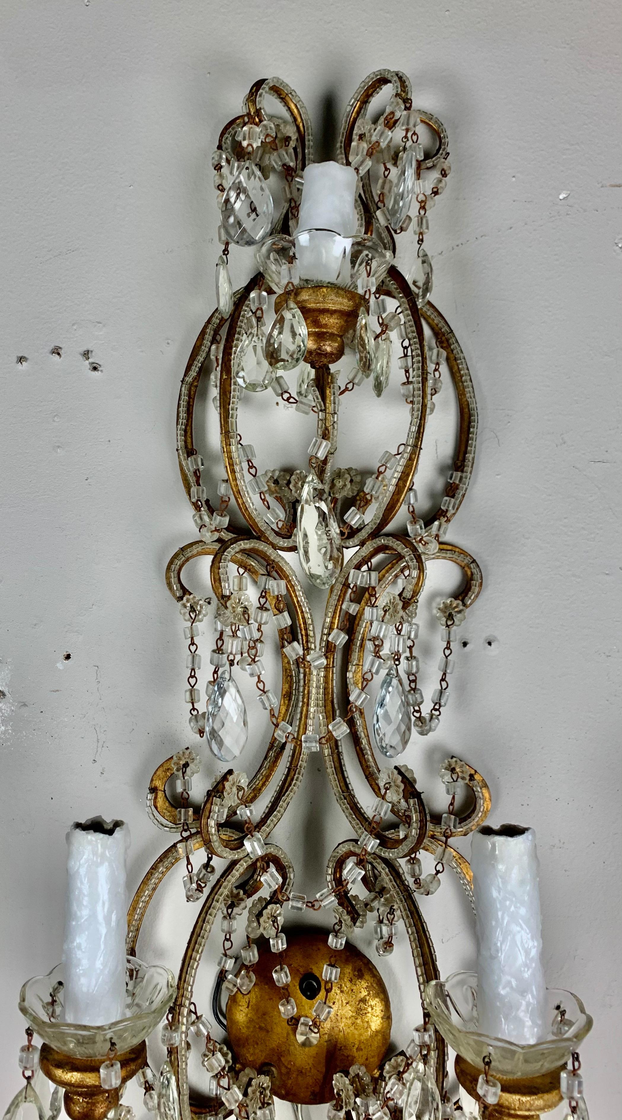 Rococo Pair of French Beaded 6-Light Sconces, C. 1940 For Sale