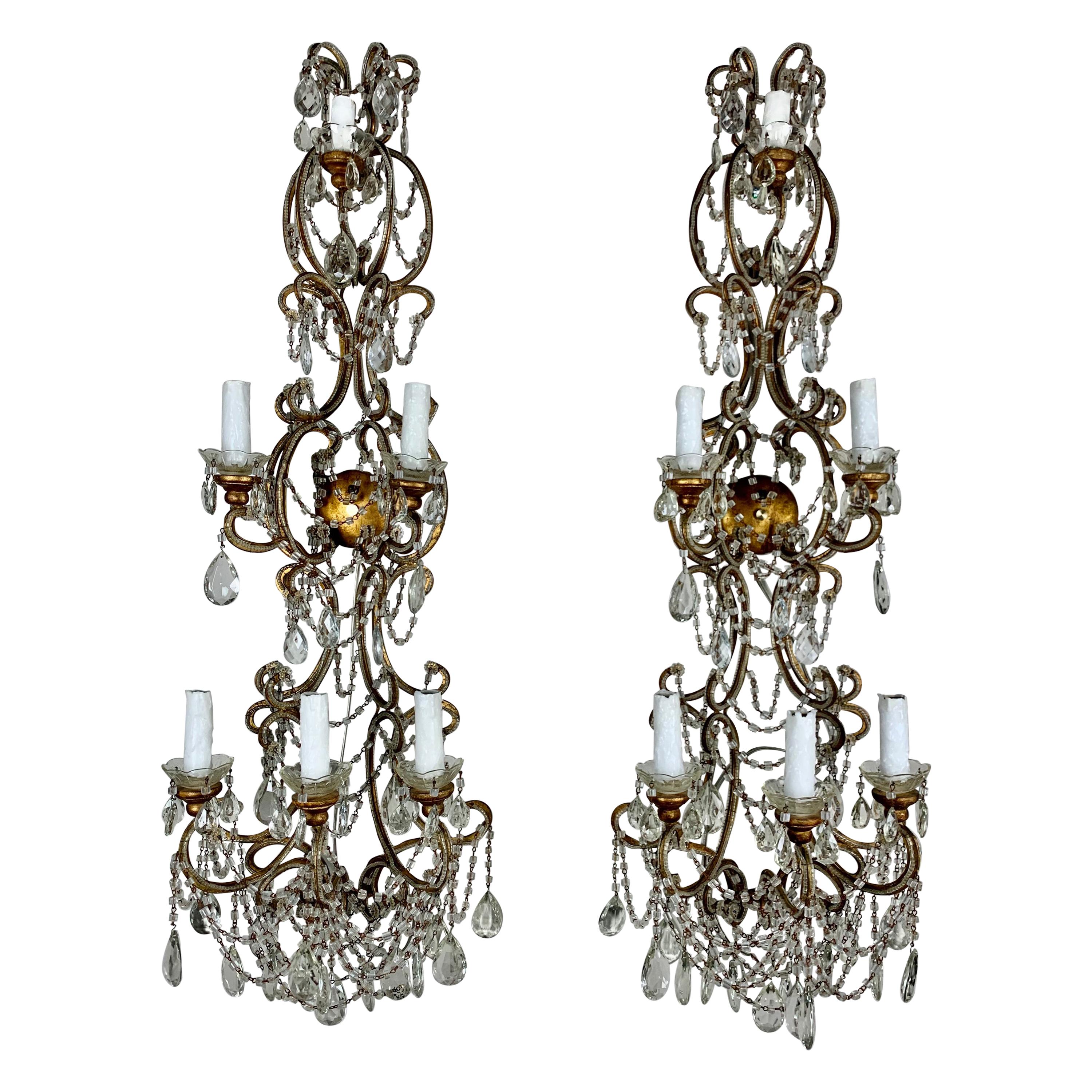 Pair of French Beaded 6-Light Sconces, C. 1940 For Sale
