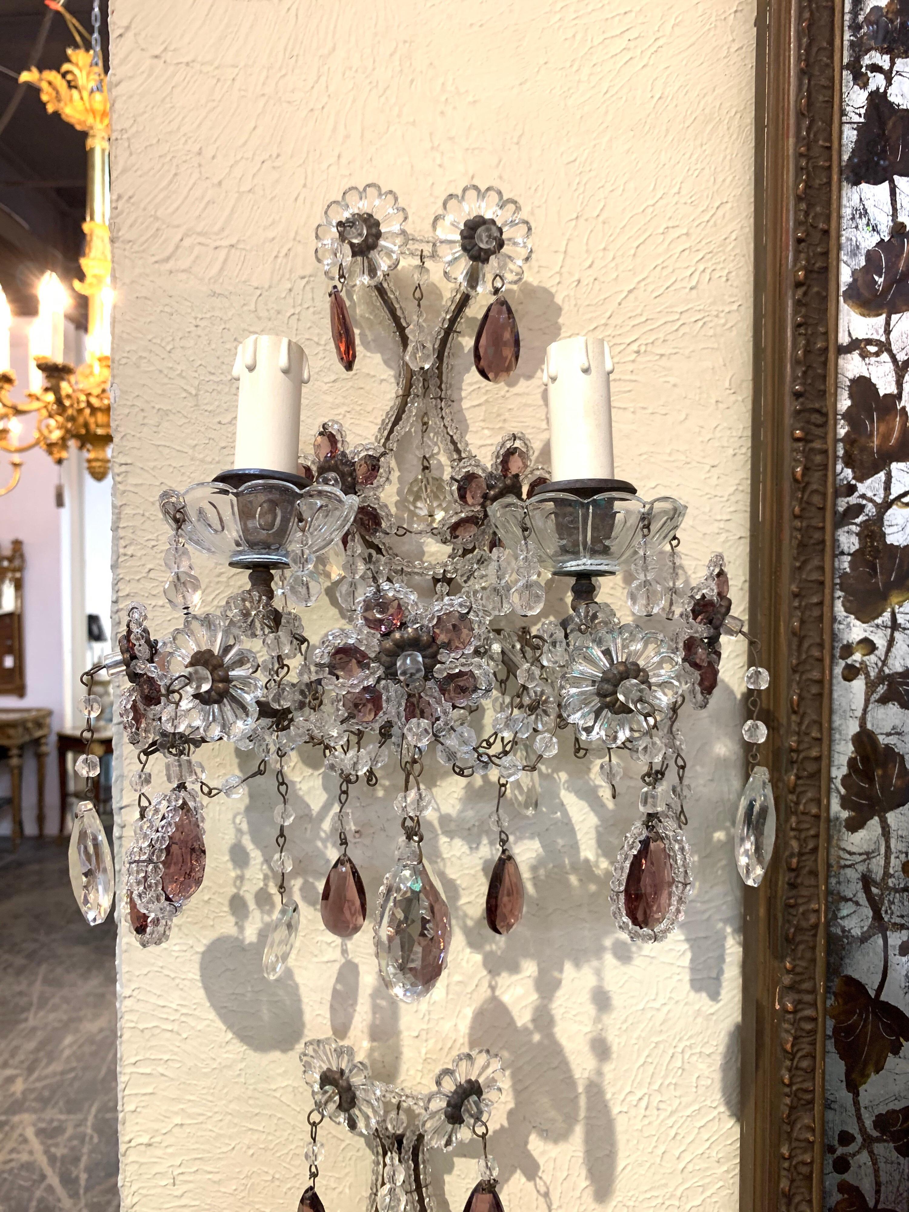Lovely pair of petite French beaded sconces with amethyst crystals. Has floral details and 2 lights. Glistening beauties!