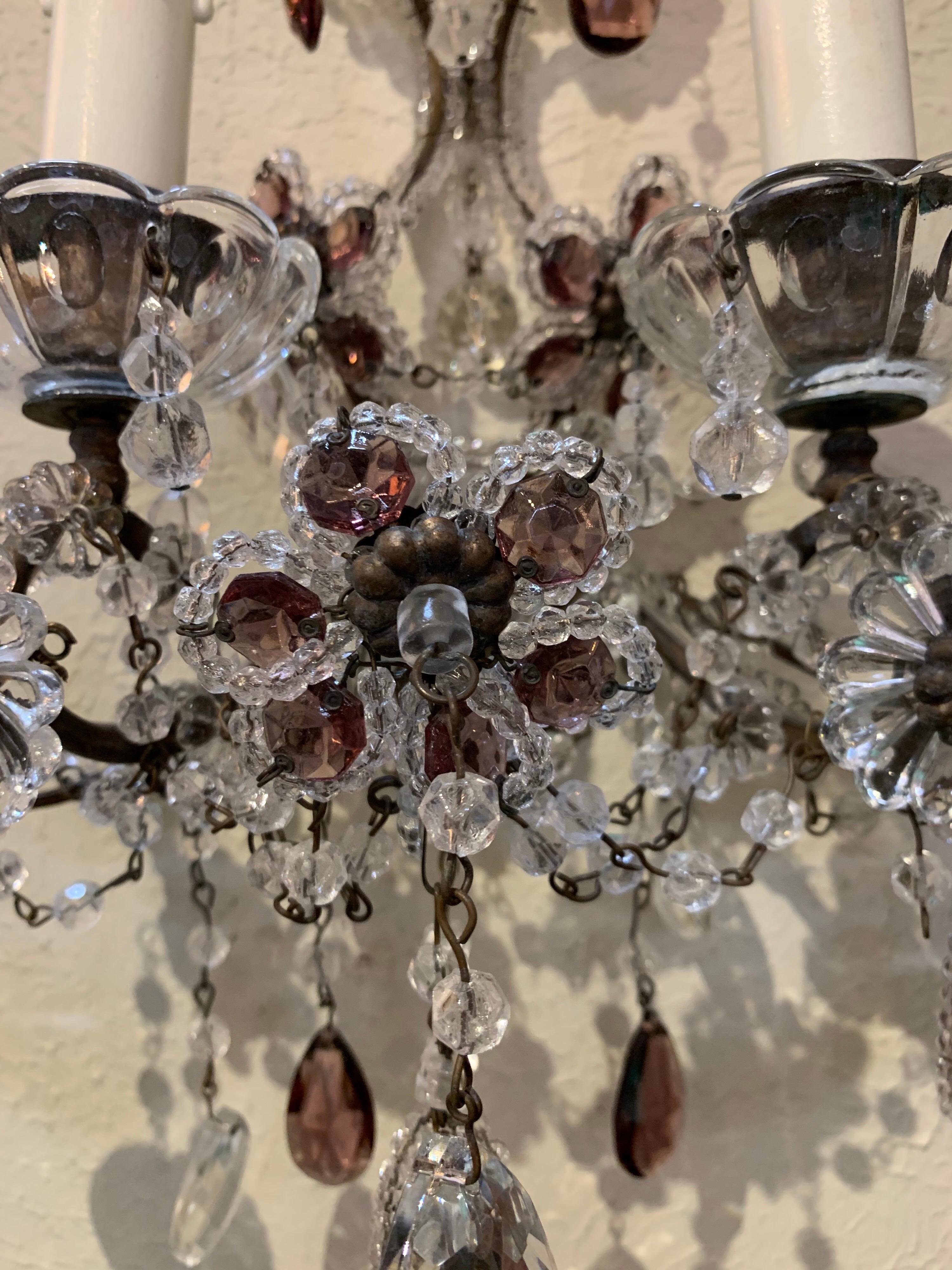 Pair of French Beaded and Crystal Amethyst 2 Light Sconces In Good Condition In Dallas, TX