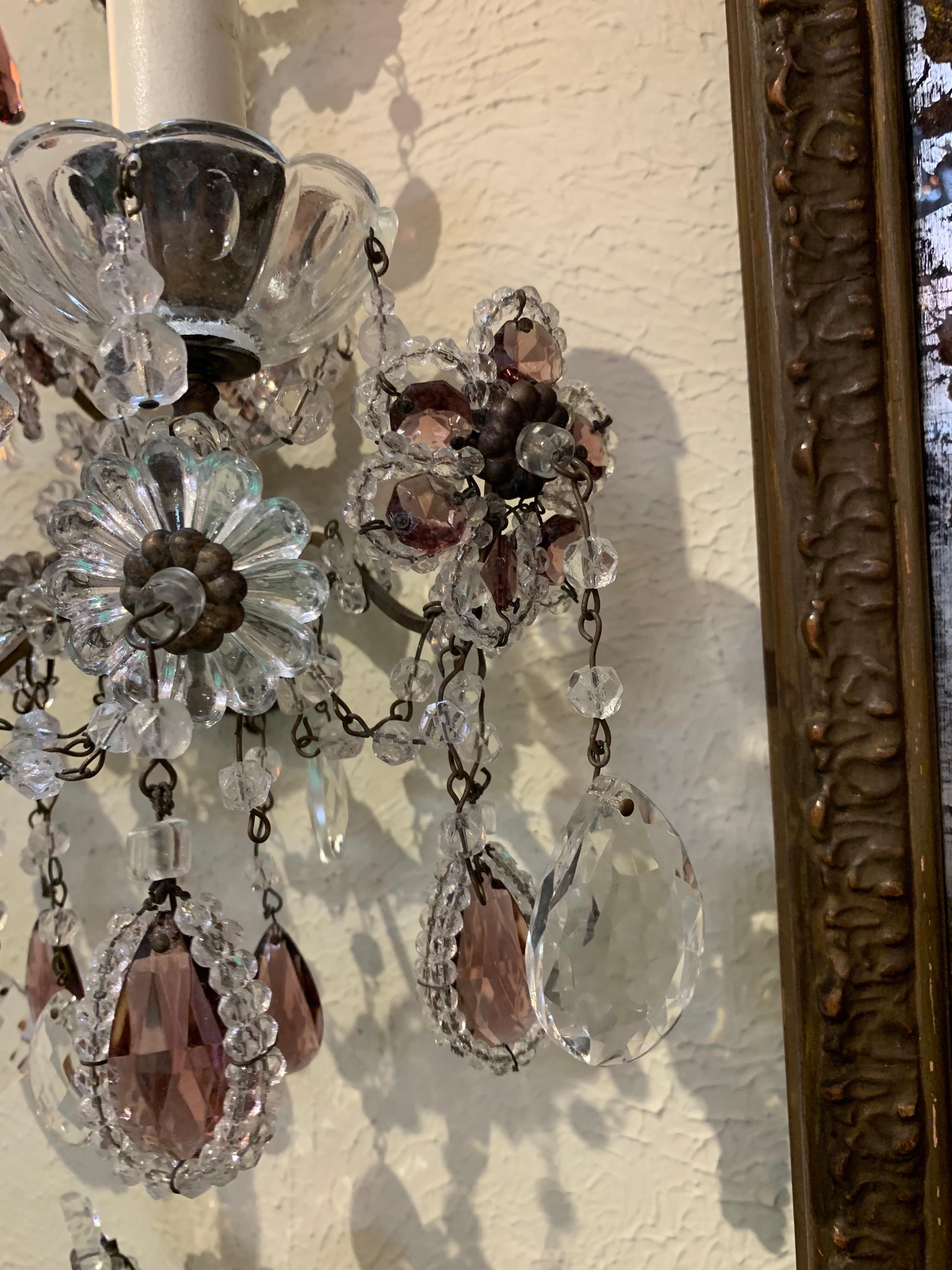 20th Century Pair of French Beaded and Crystal Amethyst 2 Light Sconces