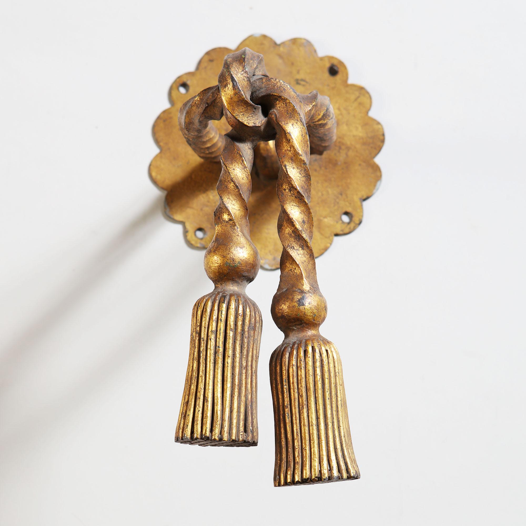 Pair of French Beaten Gilt Bronze Metal Curtain Tiebacks Attributed to Poillerat In Good Condition In London, GB