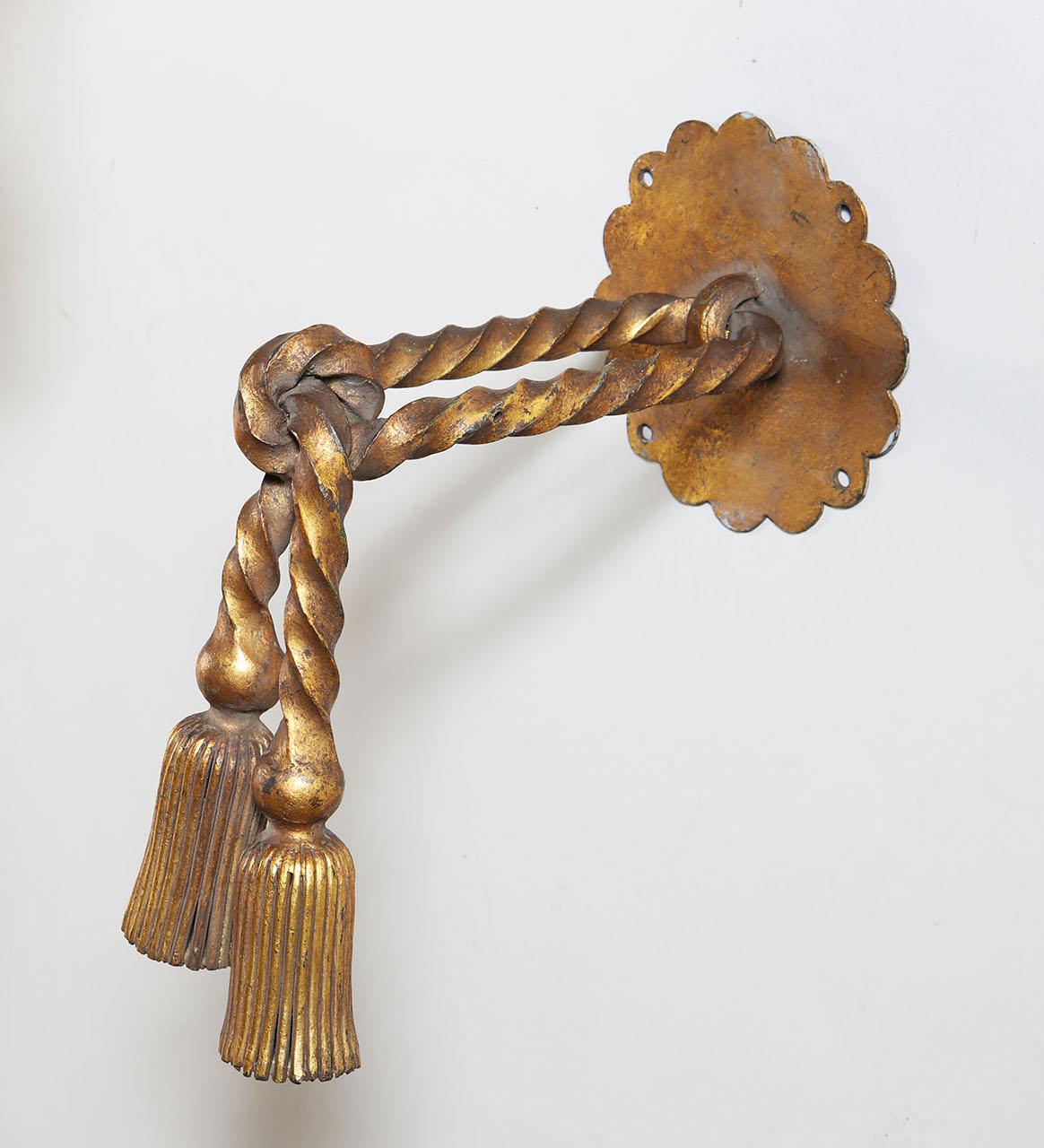 20th Century Pair of French Beaten Gilt Bronze Metal Curtain Tiebacks Attributed to Poillerat