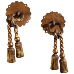 Antique Pair of French Beaten Gilt Bronze Metal Curtain Tiebacks Attributed to Poillerat