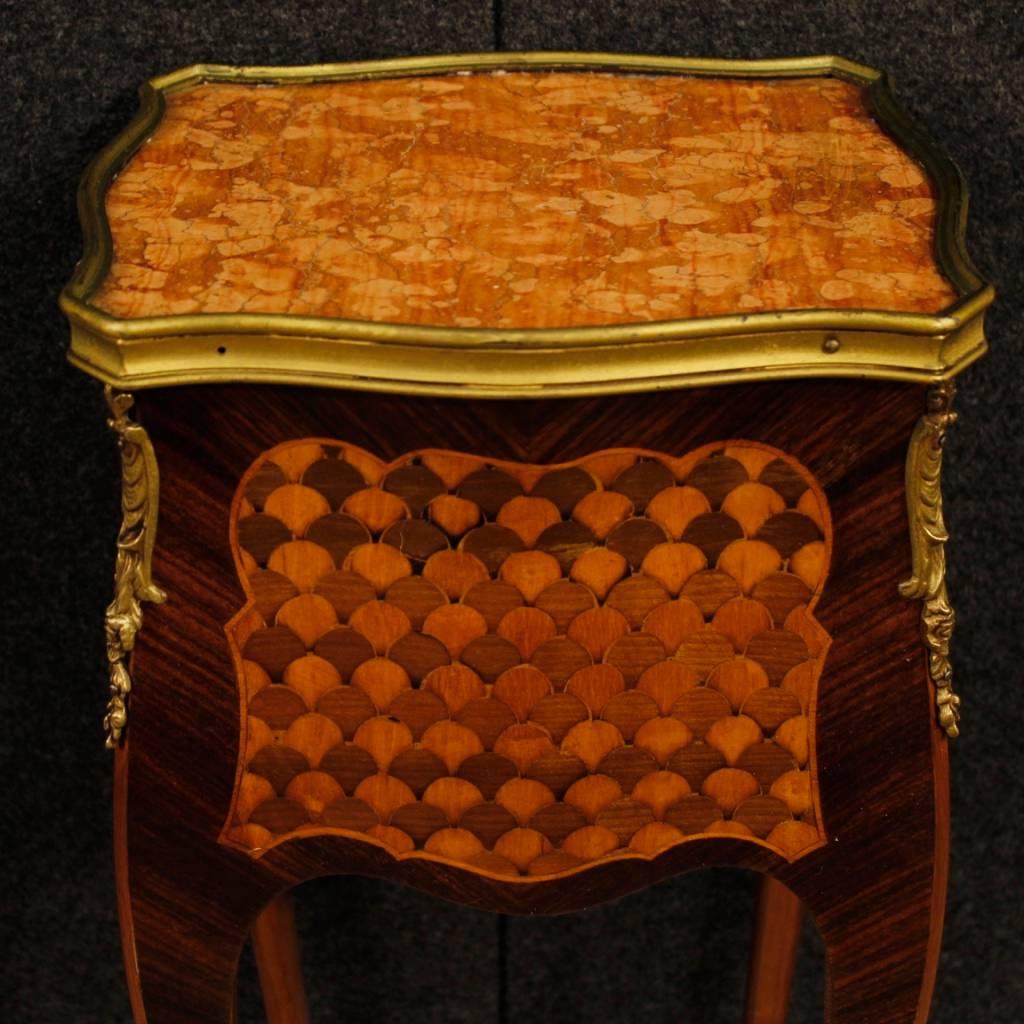 Pair of French Bedside Tables in Inlaid Wood with Marble Top in Louis XV Style 4