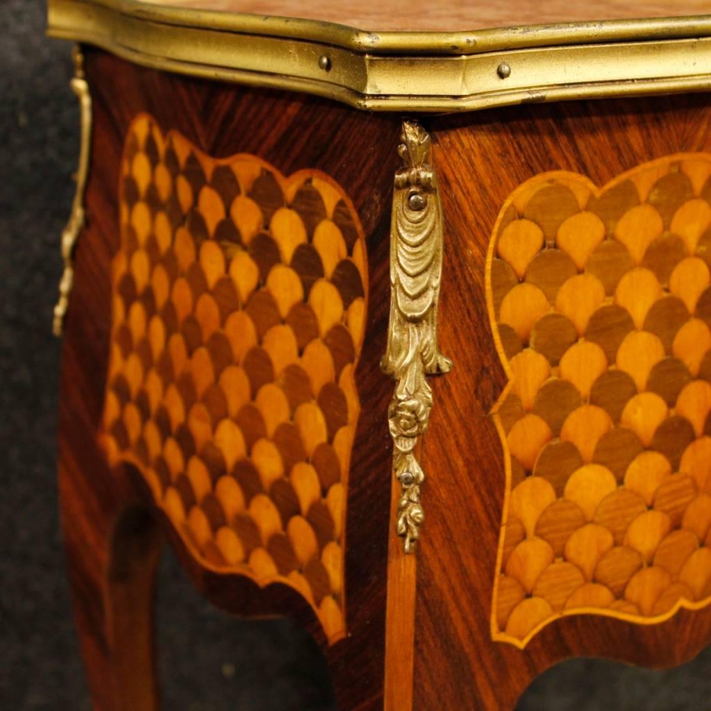 Pair of French Bedside Tables in Inlaid Wood with Marble Top in Louis XV Style 5