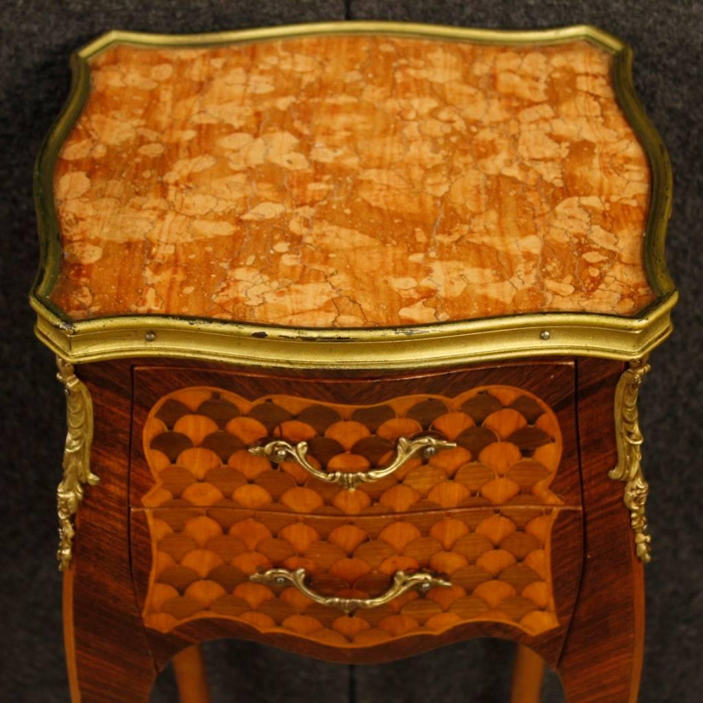 Inlay Pair of French Bedside Tables in Inlaid Wood with Marble Top in Louis XV Style