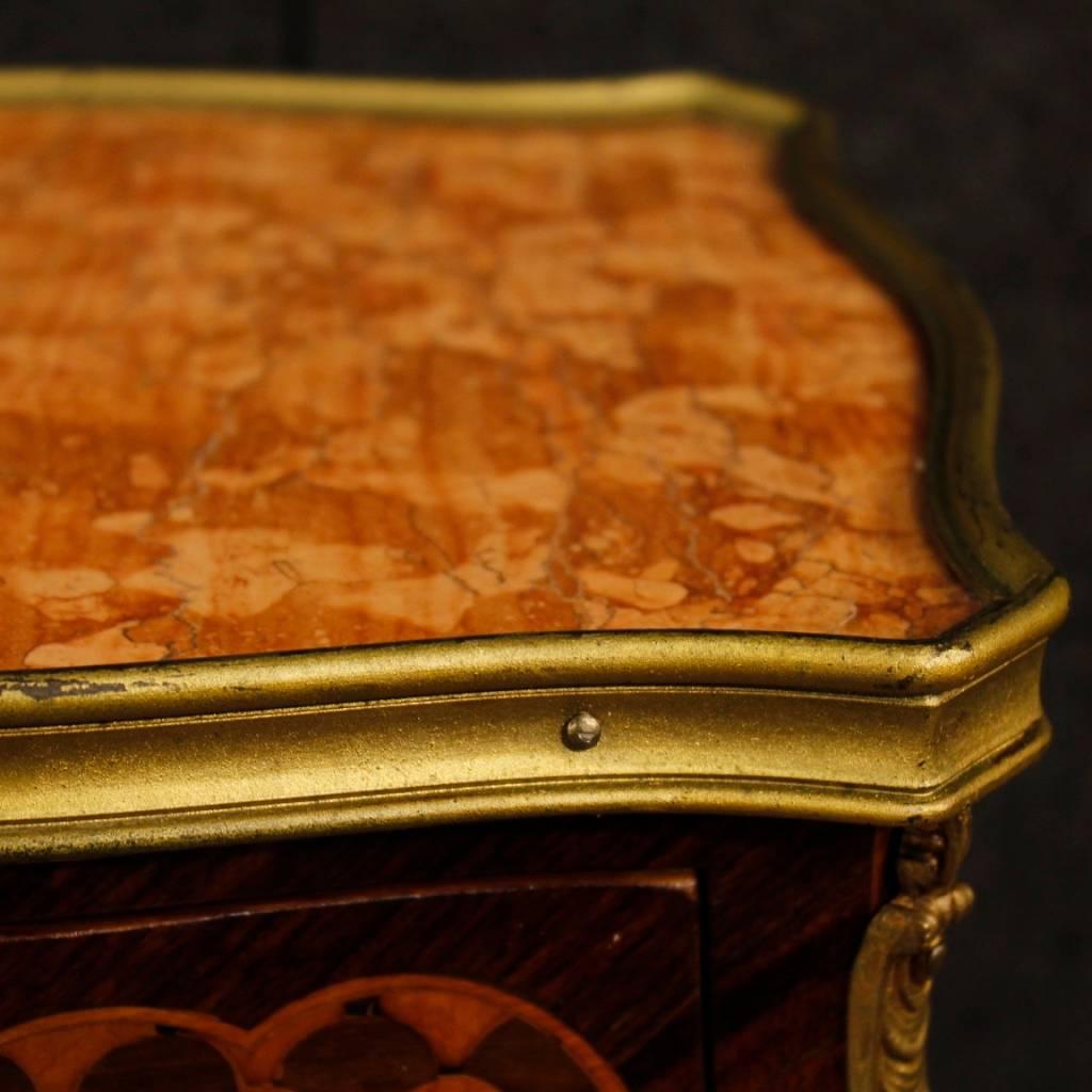 Brass Pair of French Bedside Tables in Inlaid Wood with Marble Top in Louis XV Style