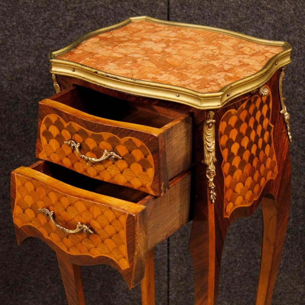 Pair of French Bedside Tables in Inlaid Wood with Marble Top in Louis XV Style 1