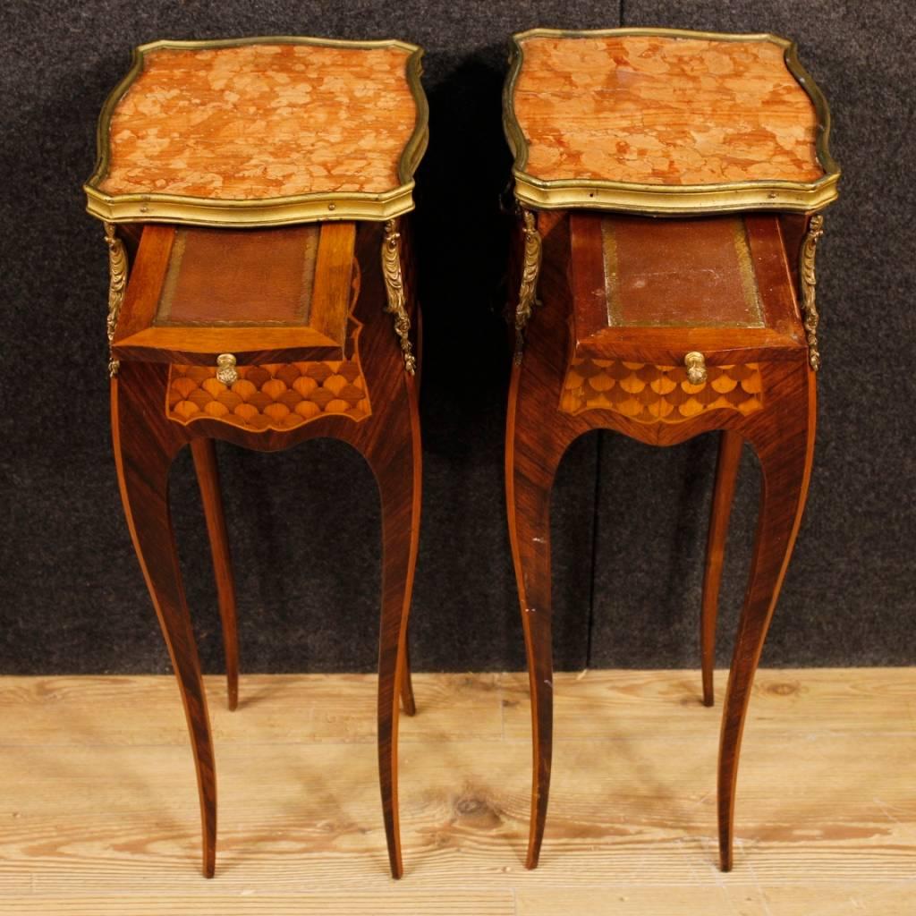 Pair of French Bedside Tables in Inlaid Wood with Marble Top in Louis XV Style 2
