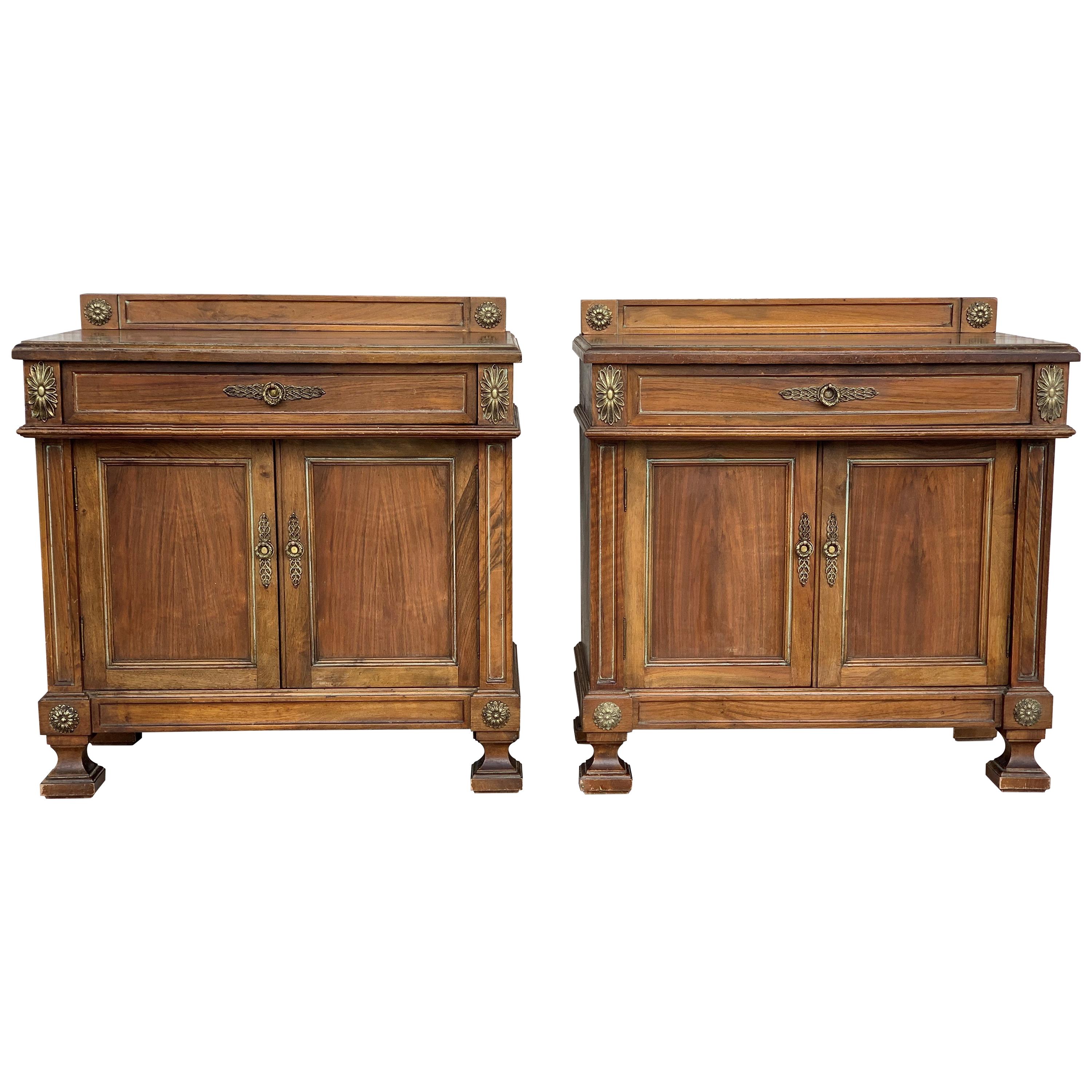 Pair of French Bedside Tables Nightstands with Crest and Bronze Details