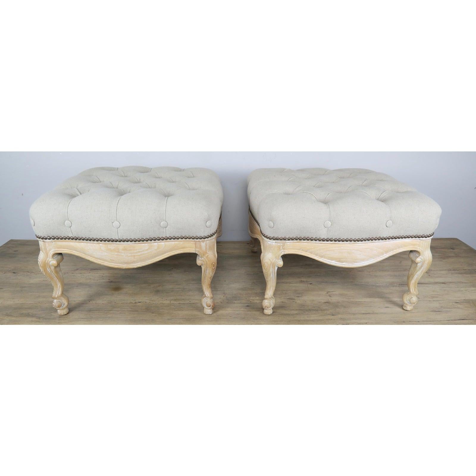 Pair of French Belgium Linen Tufted Benches 3