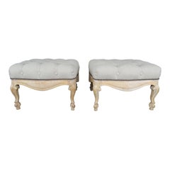 Pair of French Belgium Linen Tufted Benches