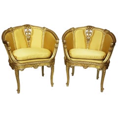 Pair of French Belle Époque Louis XV Style GiltWood Carved Bergère Armchairs