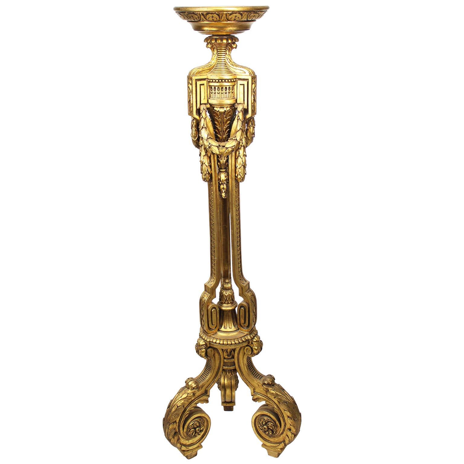 A Pair of French Belle Epoque Louis XVI Style Giltwood Carved Torchere (Torchière) Pedestal Stands. The slender tripod body, surmounted with laurel wreaths, rosettes and scrolls, with a circular and scrolled feet. Circa: Paris, 1900-1920.

Height: