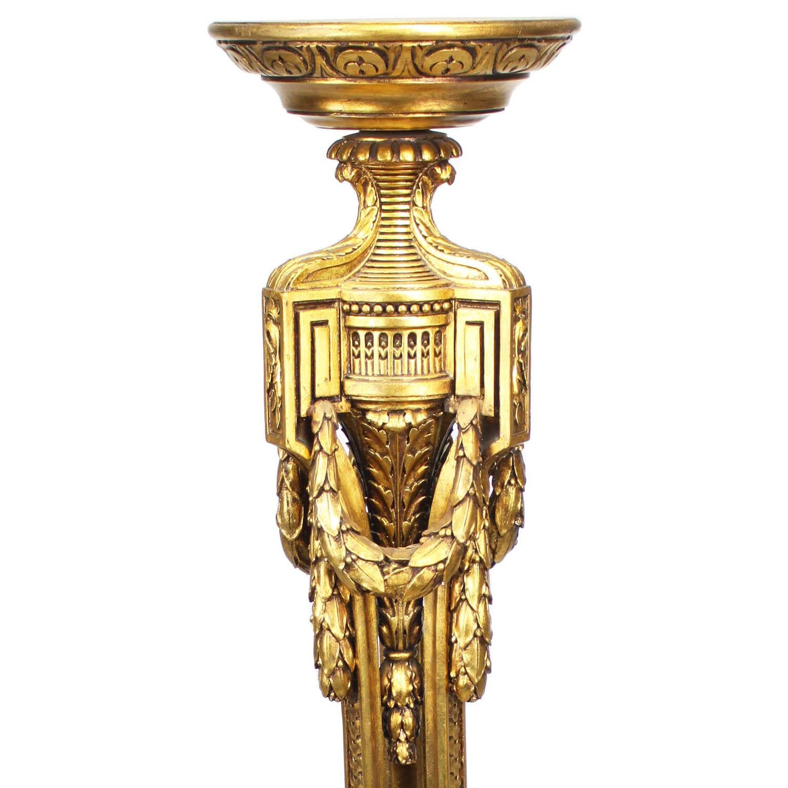 Hand-Carved Pair of French Belle Epoque Louis XVI Style Giltwood Carved Torchere (Torchière) For Sale