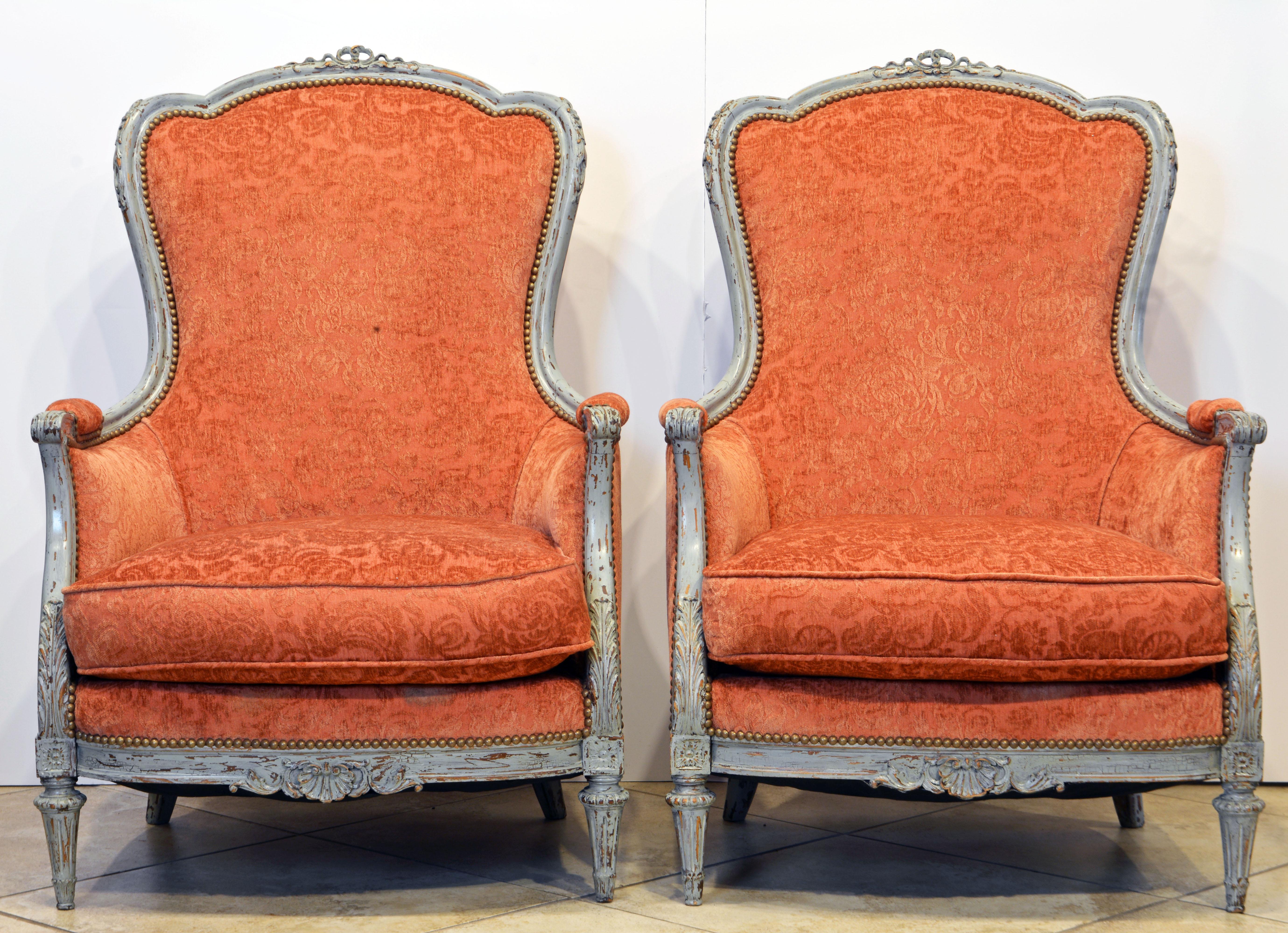 Pair of French Belle Époque Louis XVI Style Gray Painted Bergère Chairs 7