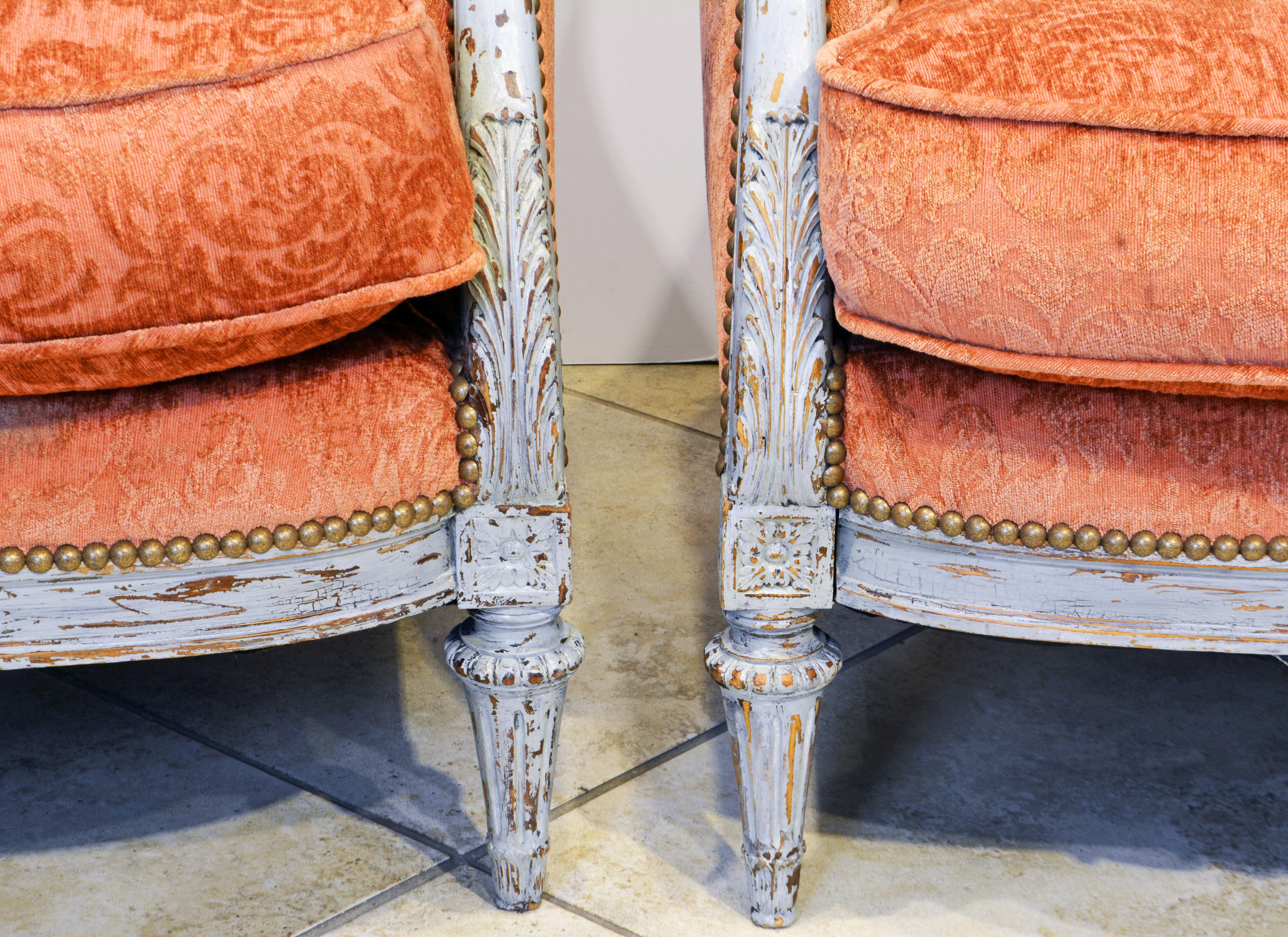 Fabric Pair of French Belle Époque Louis XVI Style Gray Painted Bergère Chairs
