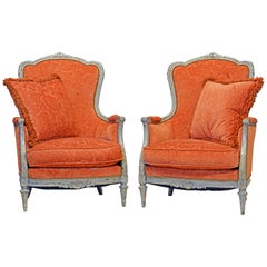 Pair of French Belle Époque Louis XVI Style Gray Painted Bergère Chairs