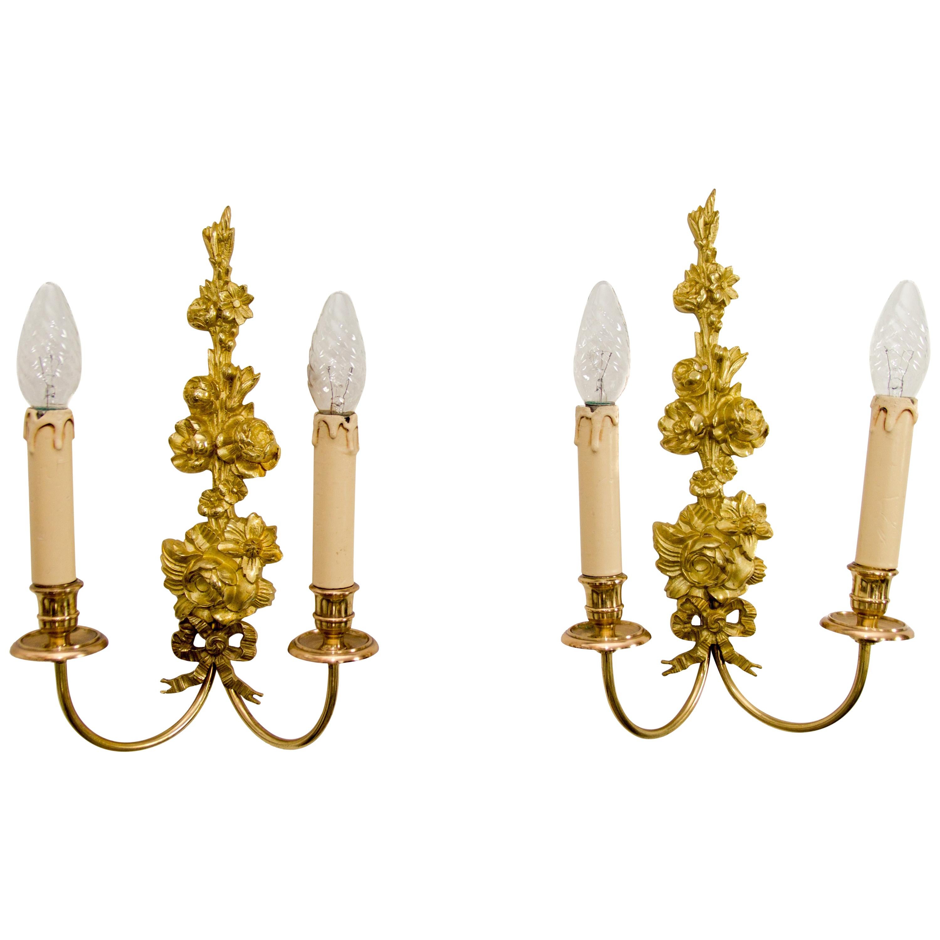 Pair of French Belle Époque Style Floral Gilt Bronze and Brass Sconces