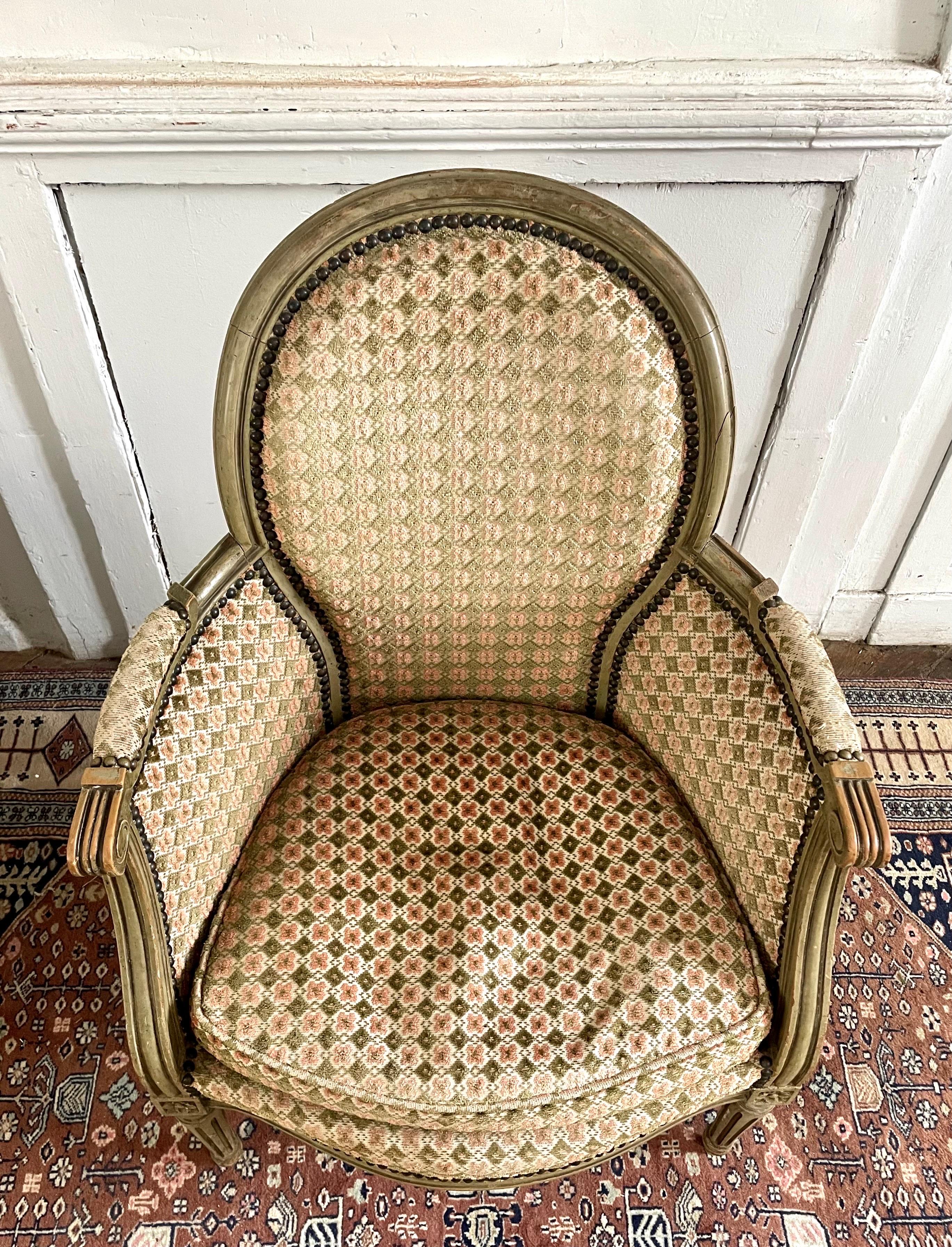 Pair of French Bergere Armchairs in Wood and Velvet Louis XVI Style, 19th In Good Condition In Beuzevillette, FR